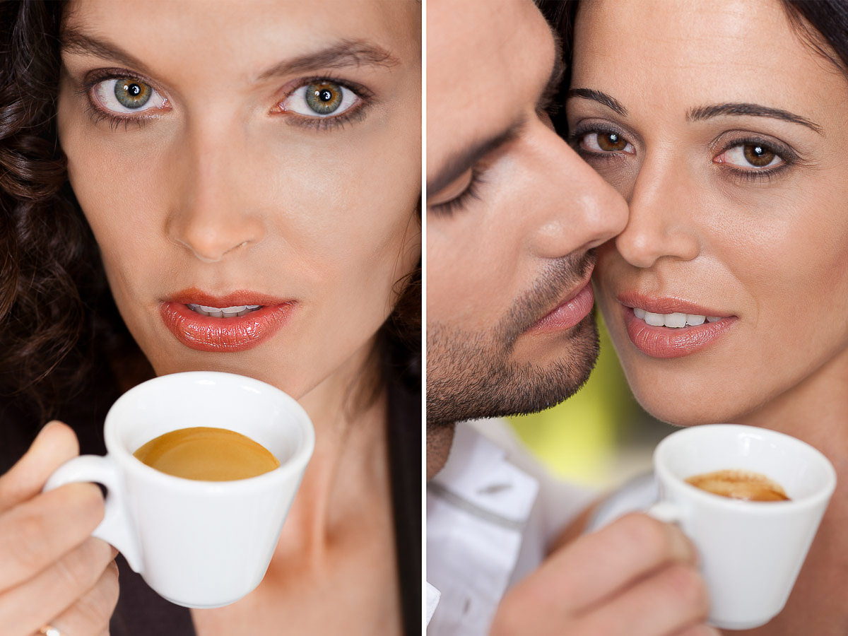 Frau mit Locken hält Espresso, Nahaufnahme. Rechts romantische Szene mit Paar und Kaffee, Werbe- und Lifestyle-Fotografie.